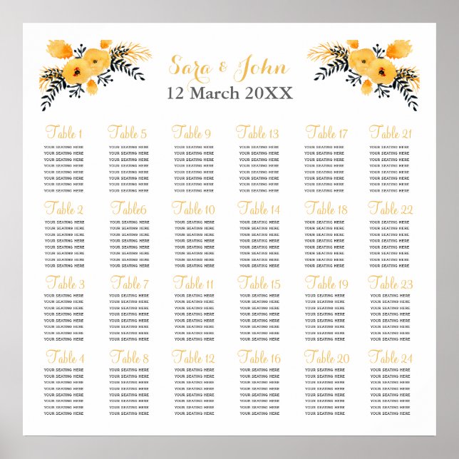 yellow grey watercolor floral wedding seating plan poster (Front)