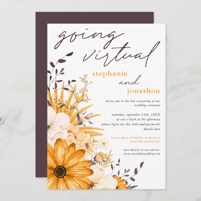 Yellow Grey Watercolor Florals Virtual Wedding Invitation (Front/Back)