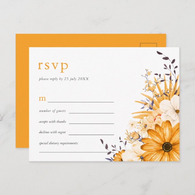 Yellow Grey Watercolor Florals Wedding RSVP Invitation Postcard (Front/Back)