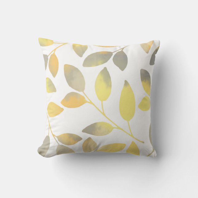 Yellow Grey Watercolor Leaves Cushion (Front)