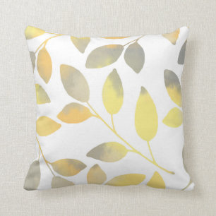 Yellow Grey Watercolor Leaves Cushion