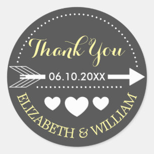 Yellow Grey Wedding Sticker Thank You Arrow Hearts