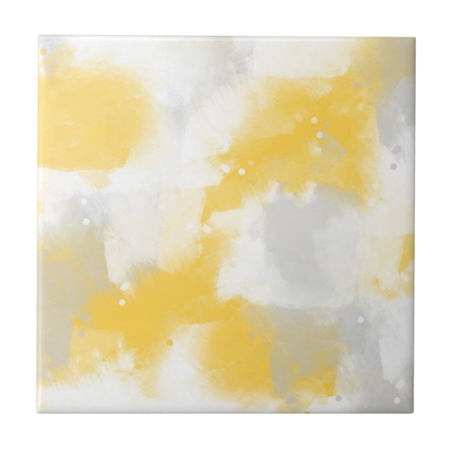 Yellow Grey & White Abstract Brushstrokes  Ceramic Tile (Front)