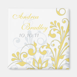Yellow, Grey, White Abstract Floral Wedding Magnet