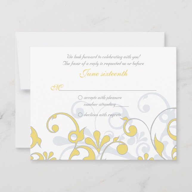 Yellow Grey White Abstract Floral Wedding RSVP (Front)