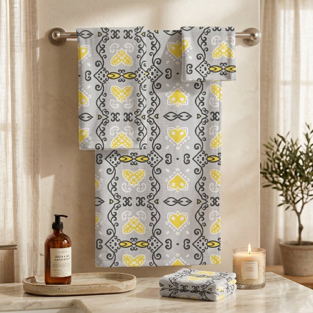 Yellow Grey White Arabesque Geometric Pattern Bath Towel Set (Creator Uploaded)