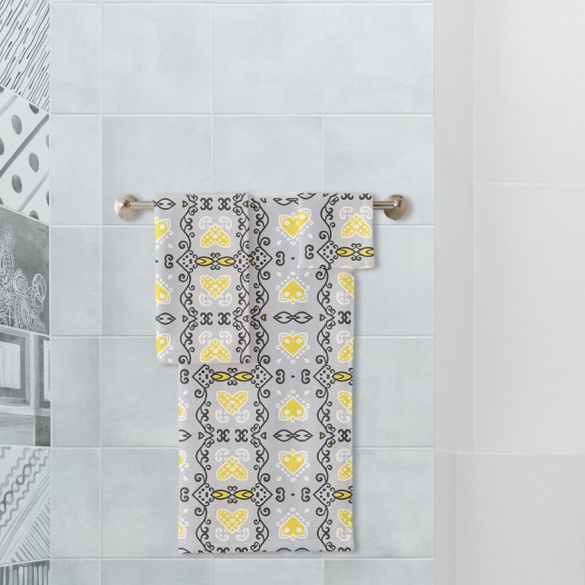 Yellow Grey White Arabesque Geometric Pattern Bath Towel Set (Creator Uploaded)