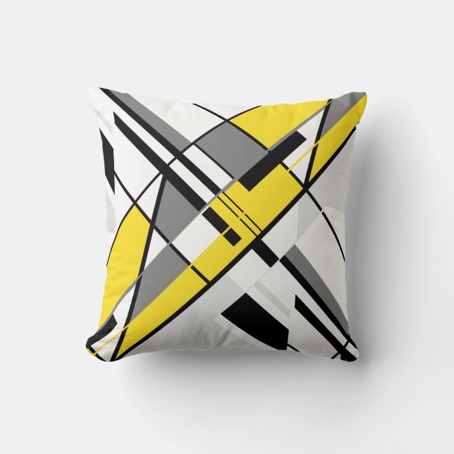 Yellow Grey White Black Diagonal Crisscross Design Cushion (Front)