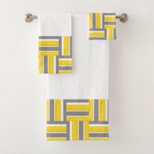 Yellow Grey White Block Stripes Modern Pattern Bath Towel Set