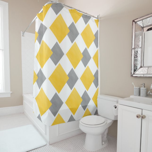 Yellow Grey White Colour Block Pattern Shower Curtain (In Situ)