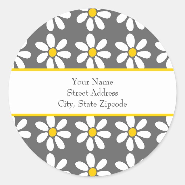 Yellow Grey White Daisy Pattern Classic Round Sticker (Front)