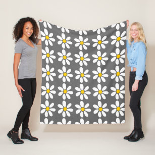 Yellow Grey White Daisy Pattern Fleece Blanket