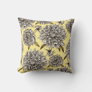 Yellow Grey & White Decorative Mum Floral Pattern Cushion