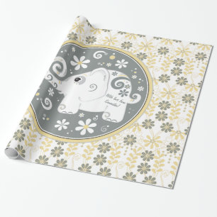 Yellow grey white fancy elephant floral wrapping paper