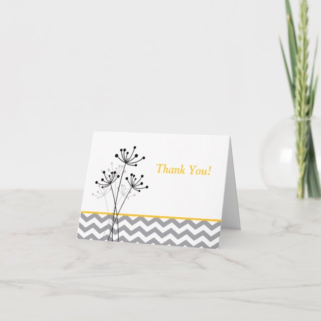 Yellow, Grey, White Floral, Chevron Thank You Card (Front)