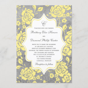 Yellow Grey White Floral Damask Wedding Invitation