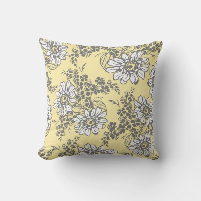 Yellow Grey White Floral Decorative Pillow (Front)