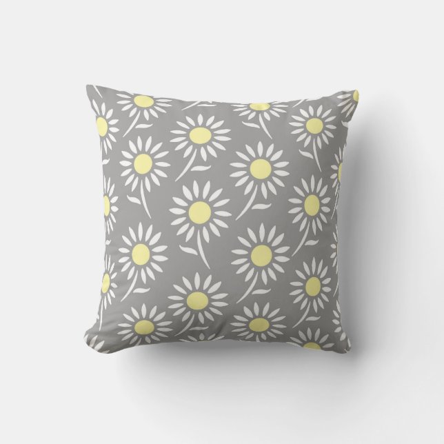 Yellow Grey White Floral Decorative Pillow (Front)