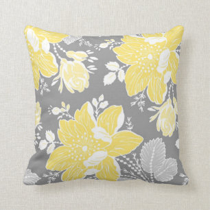 Yellow Grey White Floral Decorative Pillow