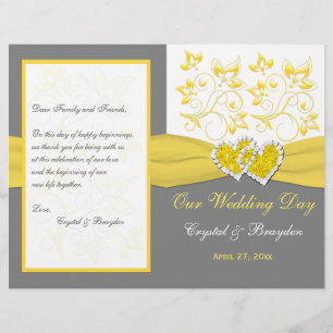 Yellow, Grey, White Floral, Hearts Wedding Program