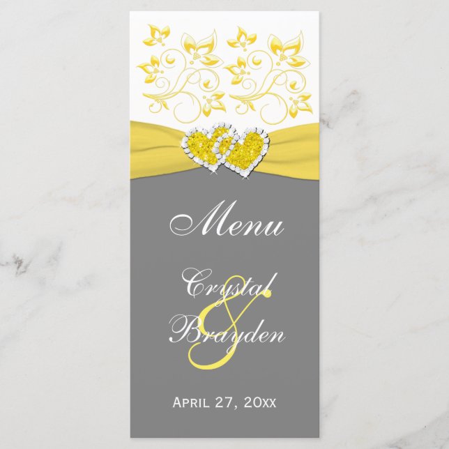 Yellow, Grey, White Floral Joined Hearts Menu Card (Front)