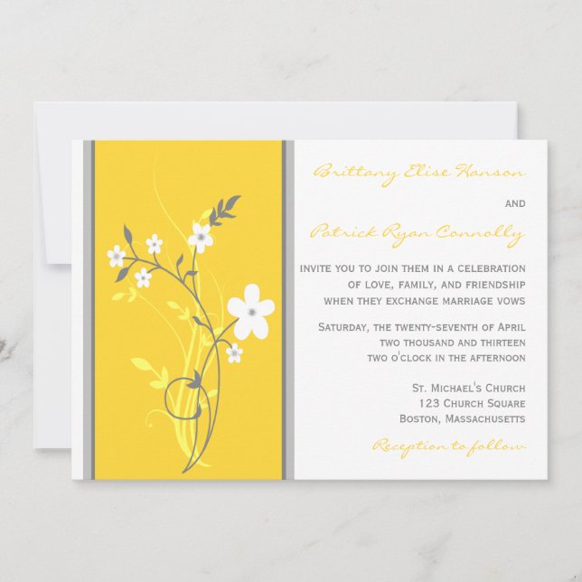 Yellow, Grey, White Floral Wedding Invitation (Front)