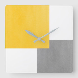 Yellow Grey White Geometric Block Square Wall Clock