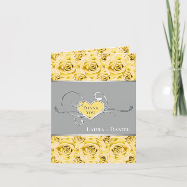 Yellow, Grey, White Roses Thank You Card (Front)