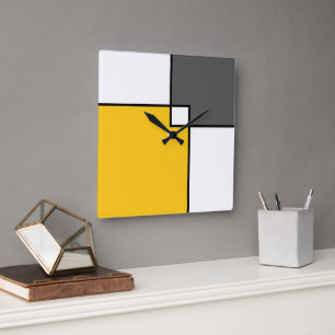 Yellow Grey White Squares Square Wall Clock