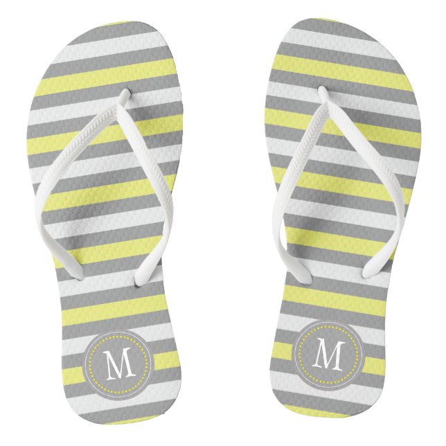 Yellow Grey White Stripe Monogram Thongs (Footbed)