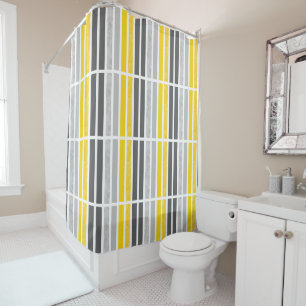 Yellow Grey White Striped Pattern Shower Curtain