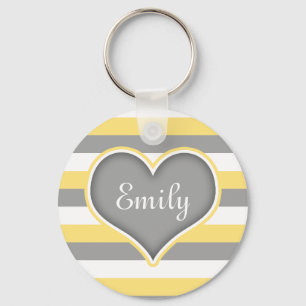 Yellow Grey White Stripes & Heart Key Ring