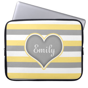 Yellow Grey White Stripes & Heart Laptop Sleeve