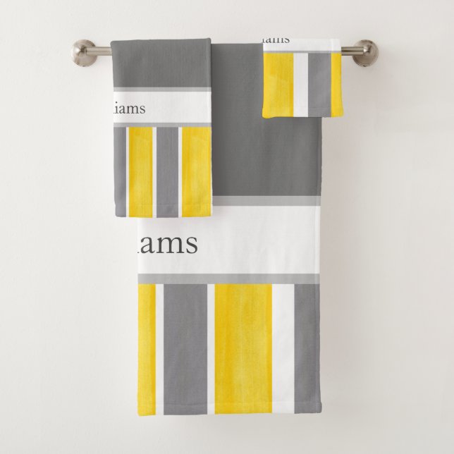 Yellow Grey White Stripes Modern 2 Bath Towel Set (Insitu)