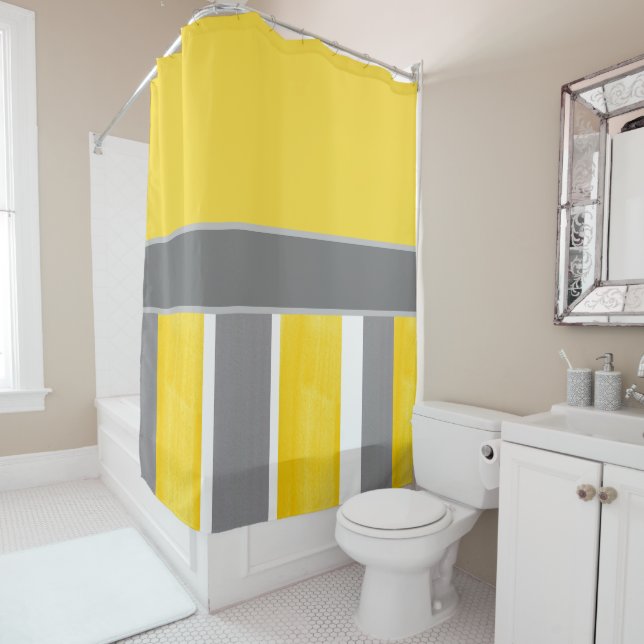 Yellow Grey White Stripes Modern 2 Shower Curtain (In Situ)