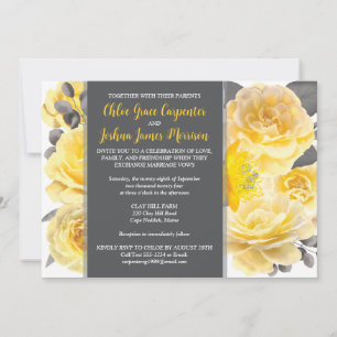 Yellow, Grey, White Watercolor Flowers Wedding Invitation