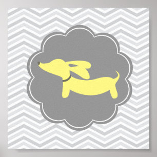 Yellow & Grey Wiener Dog Nursery Art Print