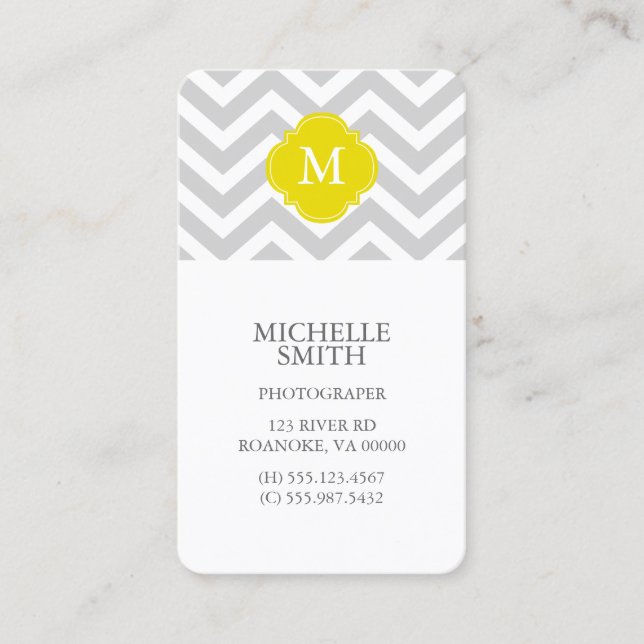 Yellow & Grey Zigzags Pattern Monogram Business Card (Front)
