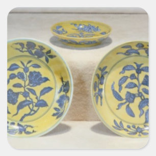 Yellow ground dishes painted in underglaze square sticker