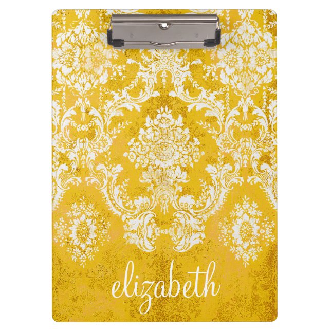 Yellow Grunge Damask Pattern with Custom Text Clipboard (Front)