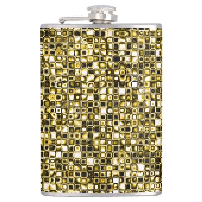 Yellow Grunge Textured Grid Pattern Hip Flask (Front)