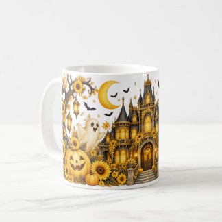 Yellow Halloween Haunted House & Sunflowers Mug