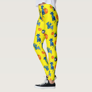 Yellow Halloween Leggings - Black Cat & Pumpkins