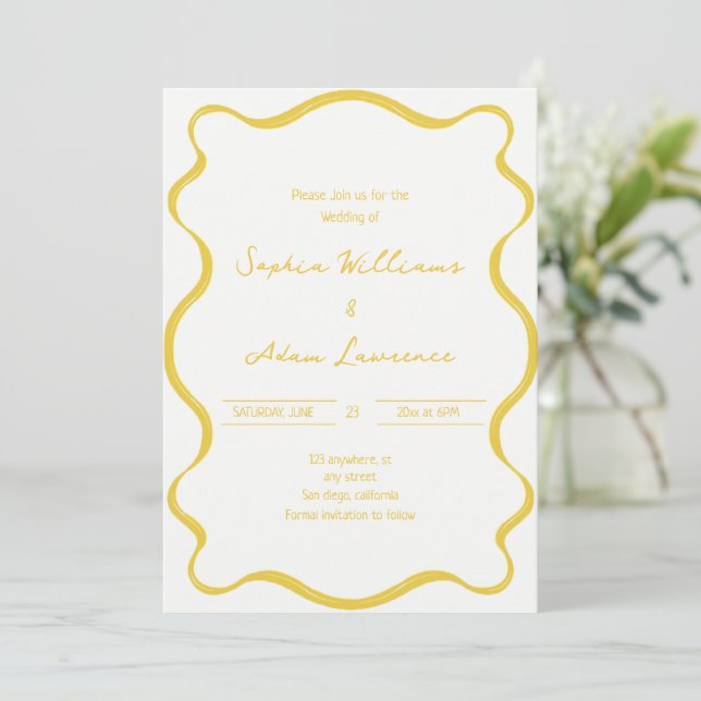 Yellow Hand Written Pinstripes Whimsical Wedding Invitation (Standing Front)