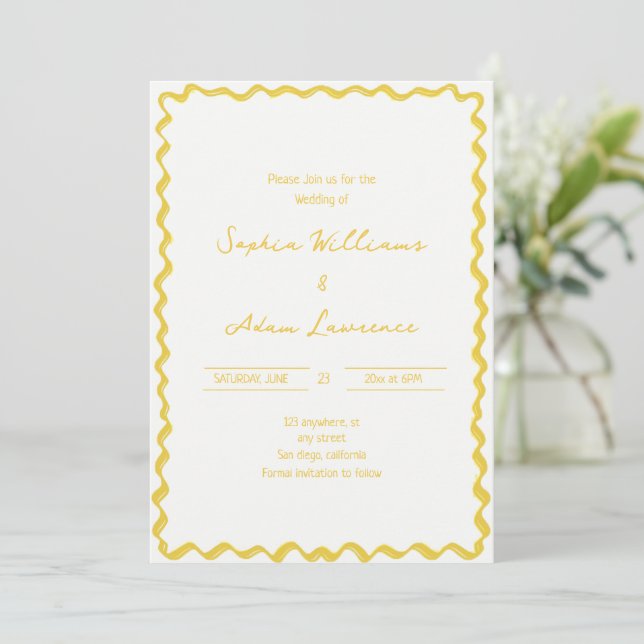 Yellow Hand Written Pinstripes Whimsical Wedding Invitation (Standing Front)