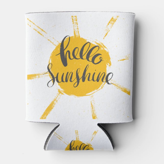 Yellow HandDrawn Sun Hello Sunshine Image Text Art Can Cooler (Front)