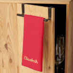 Yellow Handwritten Name Red Solid Colour Template Tea Towel<br><div class="desc">Custom Upload Add Your Monogram Initial Photo or Logo Text Elegant Modern Cute Kitchen & Dining / Table & Kitchen Linens/ Personalised Template Yellow Handwritten Name Red Solid Colour Kitchen Towel.</div>