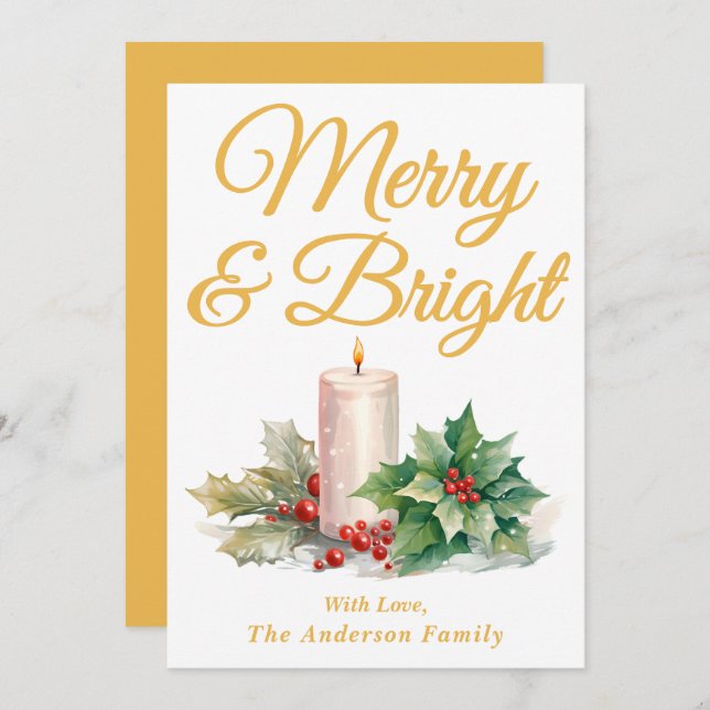 Yellow Handwritten Script Merry & Bright Holiday Card (Front/Back)