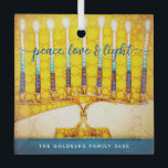 Yellow Hanukkah Menorah Peace Love Light Script  Glass Tree Decoration<br><div class="desc">“Peace, love & light.” A close-up digital photo illustration of a bright, colorful, yellow and gold artsy menorah, with your personalized name, helps you usher in the holiday of Hanukkah in style. Feel the warmth and joy of the holiday season whenever you hang up this stunning, colorful Hanukkah custom keepsake...</div>