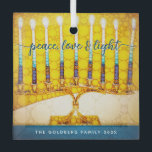 Yellow Hanukkah Menorah Peace Love Light Script  Glass Tree Decoration<br><div class="desc">“Peace, love & light.” A close-up digital photo illustration of a bright, colorful, yellow and gold artsy menorah, with your personalized name, helps you usher in the holiday of Hanukkah in style. Feel the warmth and joy of the holiday season whenever you hang up this stunning, colorful Hanukkah custom keepsake...</div>
